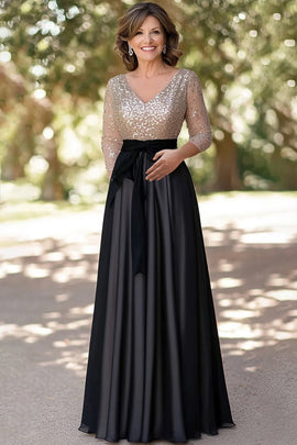 ZAPAKA Women Sparkly Champagne Back Long Mother of the Bride Dress V Neck Sequined Top Long Sleeves Wedding Guest Dress ZAPAKA Women Sparkly Champagne Back Long Mother of the Bride Dress V Neck Sequined Top Long Sleeves Wedding Guest Dress