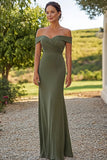 Matte Satin Olive Sheath Off the Shoulder Mother of the Bride Dress with Belted
