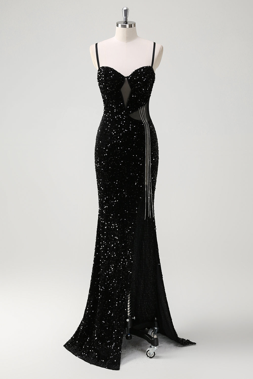 Sparkly Black Mermaid Fringed Long Prom Dress with Slit
