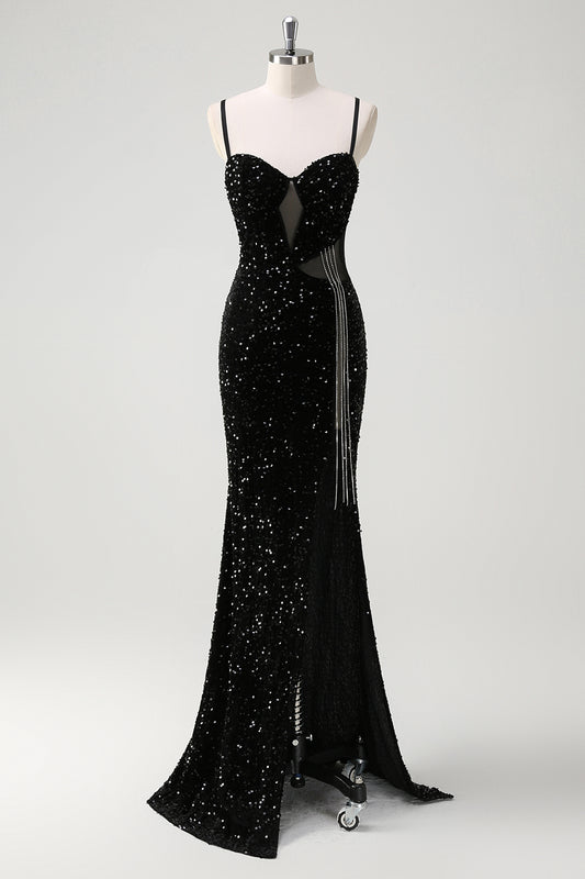 Sparkly Black Mermaid Fringed Long Prom Dress with Slit