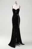 Sparkly Black Mermaid Fringed Long Prom Dress with Slit