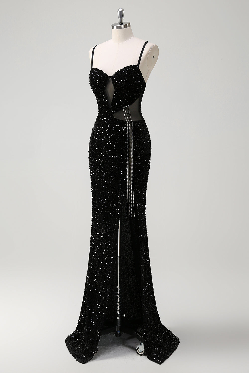 Sparkly Black Mermaid Fringed Long Prom Dress with Slit