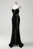 Sparkly Black Mermaid Fringed Long Prom Dress with Slit