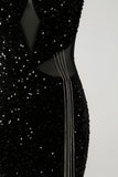 Sparkly Black Mermaid Fringed Long Prom Dress with Slit