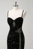Sparkly Black Mermaid Fringed Long Prom Dress with Slit