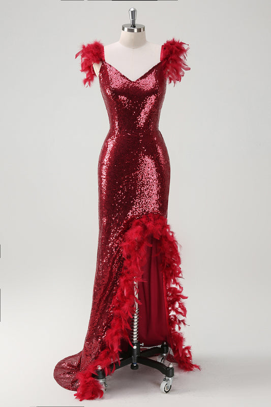 Sparkly Black Mermaid Feathered Long Prom Dress with Slit