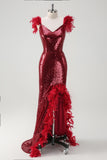 Sparkly Black Mermaid Feathered Long Prom Dress with Slit
