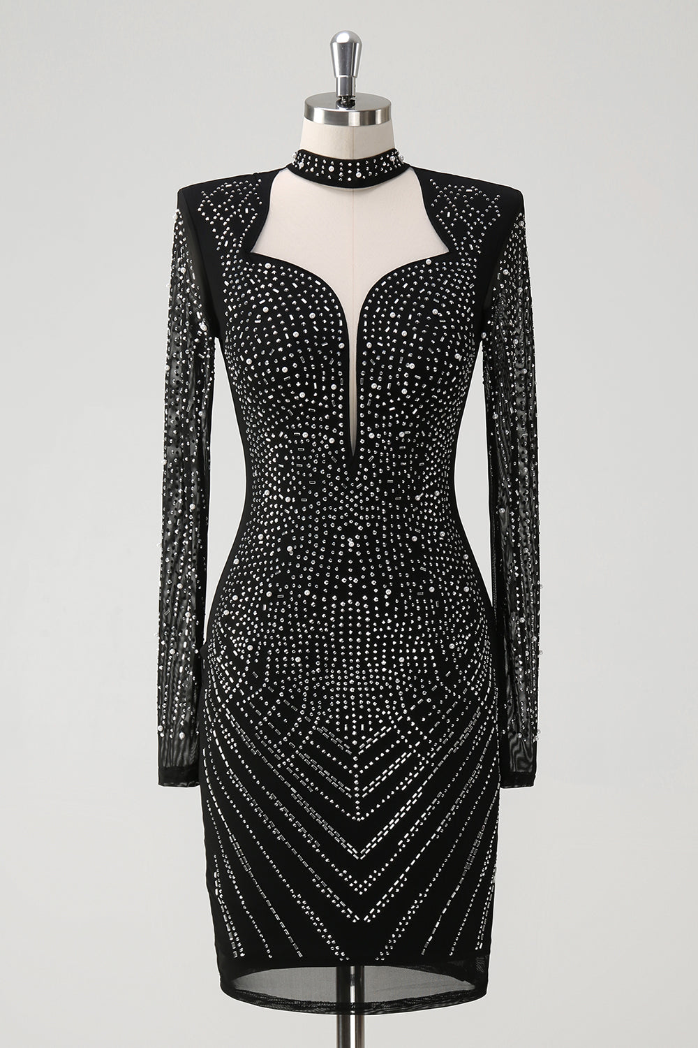 Sparkly Black Hollow Out Prom Dress with Long Sleeves