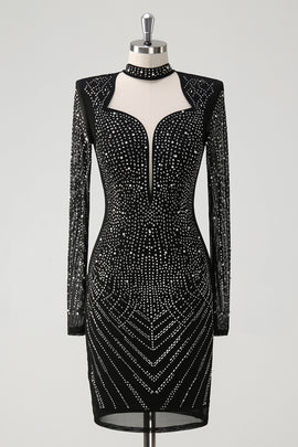 Sparkly Black Hollow Out Prom Dress with Long Sleeves