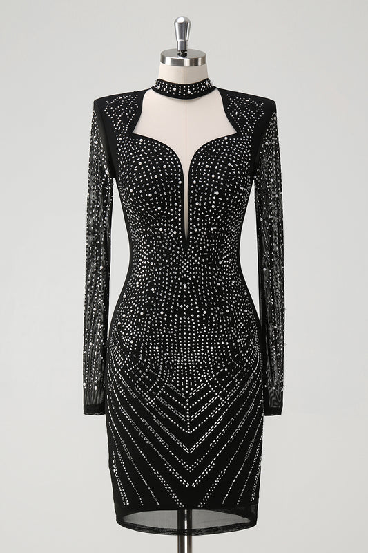 Sparkly Black Hollow Out Prom Dress with Long Sleeves