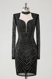 Sparkly Black Hollow Out Prom Dress with Long Sleeves