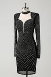 Sparkly Black Hollow Out Prom Dress with Long Sleeves