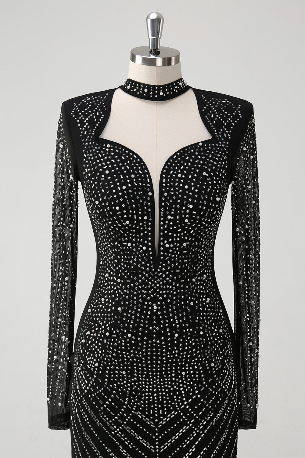 Sparkly Black Hollow Out Prom Dress with Long Sleeves