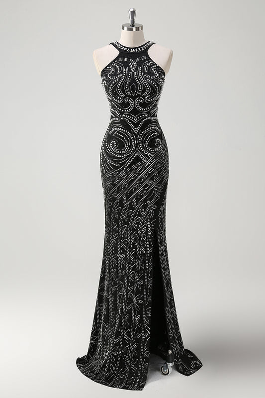 Sparkly Black Mermaid Beaded Prom Dress with Slit