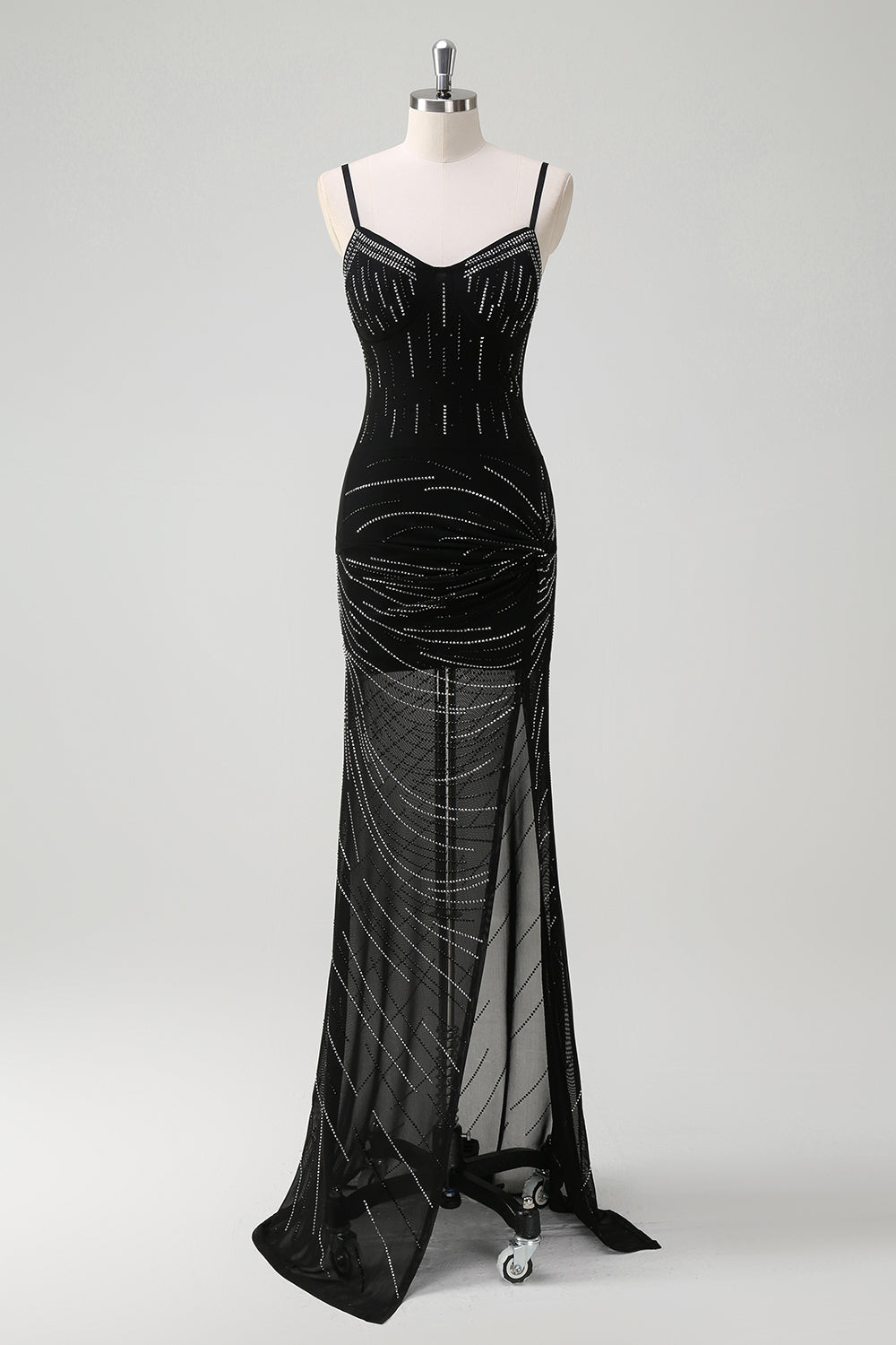 Sparkly Black Mermaid Spaghetti Straps Long Prom Dress with Slit