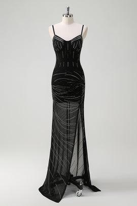 Sparkly Black Mermaid Spaghetti Straps Long Prom Dress with Slit