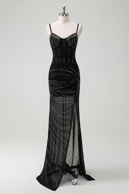 Sparkly Black Mermaid Spaghetti Straps Long Prom Dress with Slit
