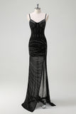 Sparkly Black Mermaid Spaghetti Straps Long Prom Dress with Slit