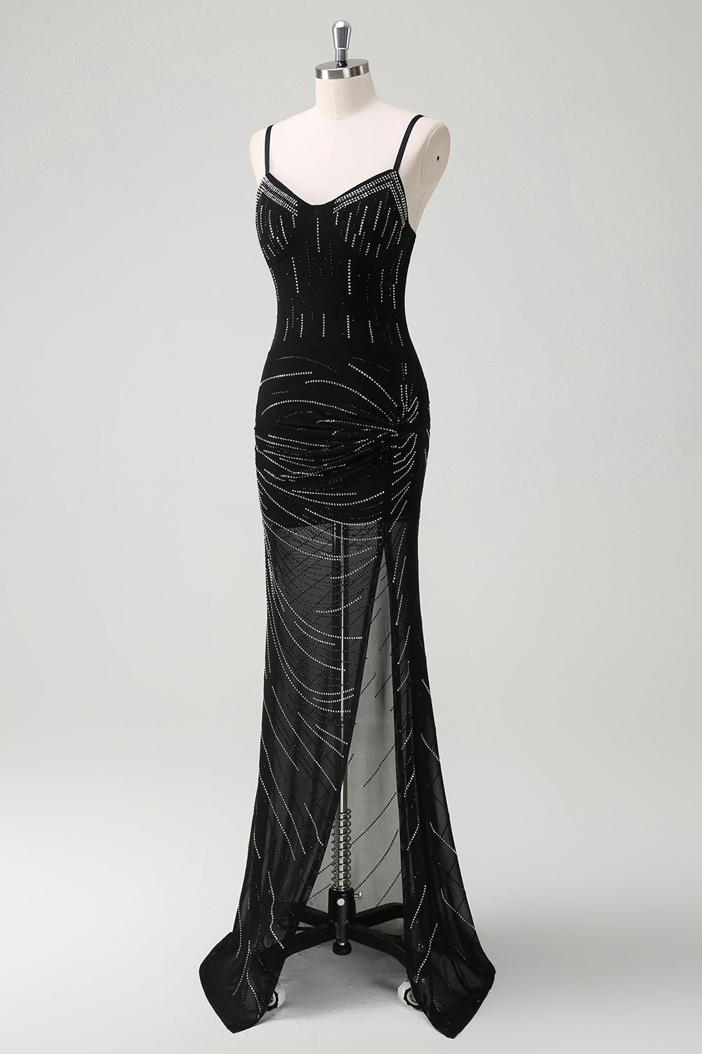 Sparkly Black Mermaid Spaghetti Straps Long Prom Dress with Slit
