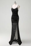 Sparkly Black Mermaid Spaghetti Straps Long Prom Dress with Slit