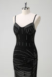 Sparkly Black Mermaid Spaghetti Straps Long Prom Dress with Slit