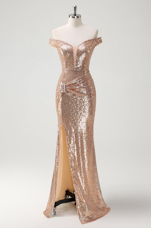Sparkly Off the Shoulder Champagne Mermaid Prom Dress with Slit