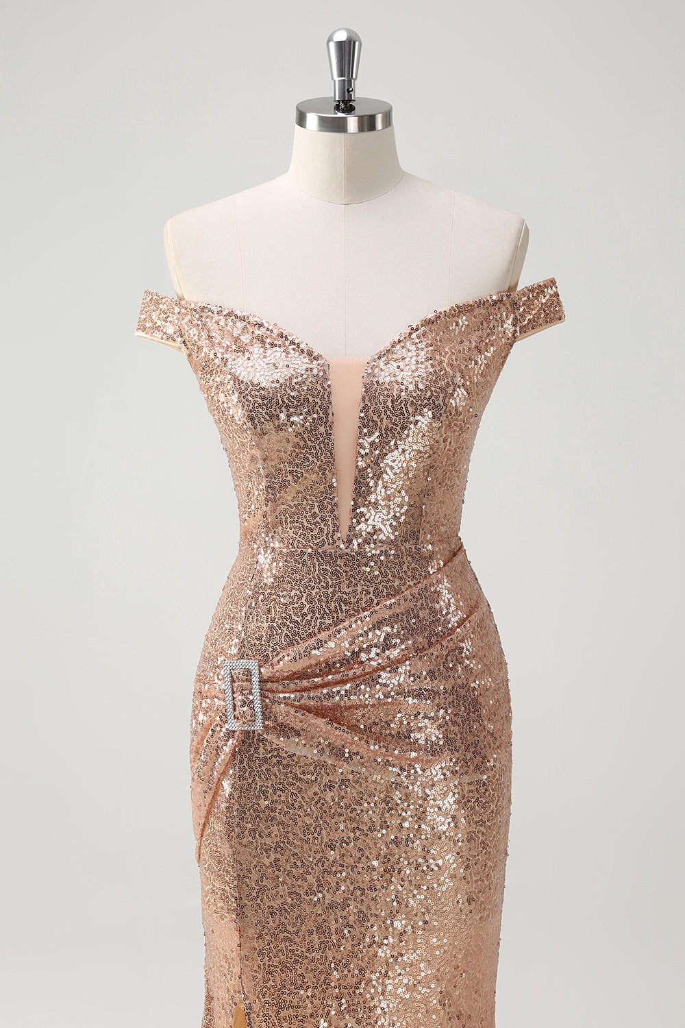 Sparkly Off the Shoulder Champagne Mermaid Prom Dress with Slit