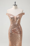 Sparkly Off the Shoulder Champagne Mermaid Prom Dress with Slit