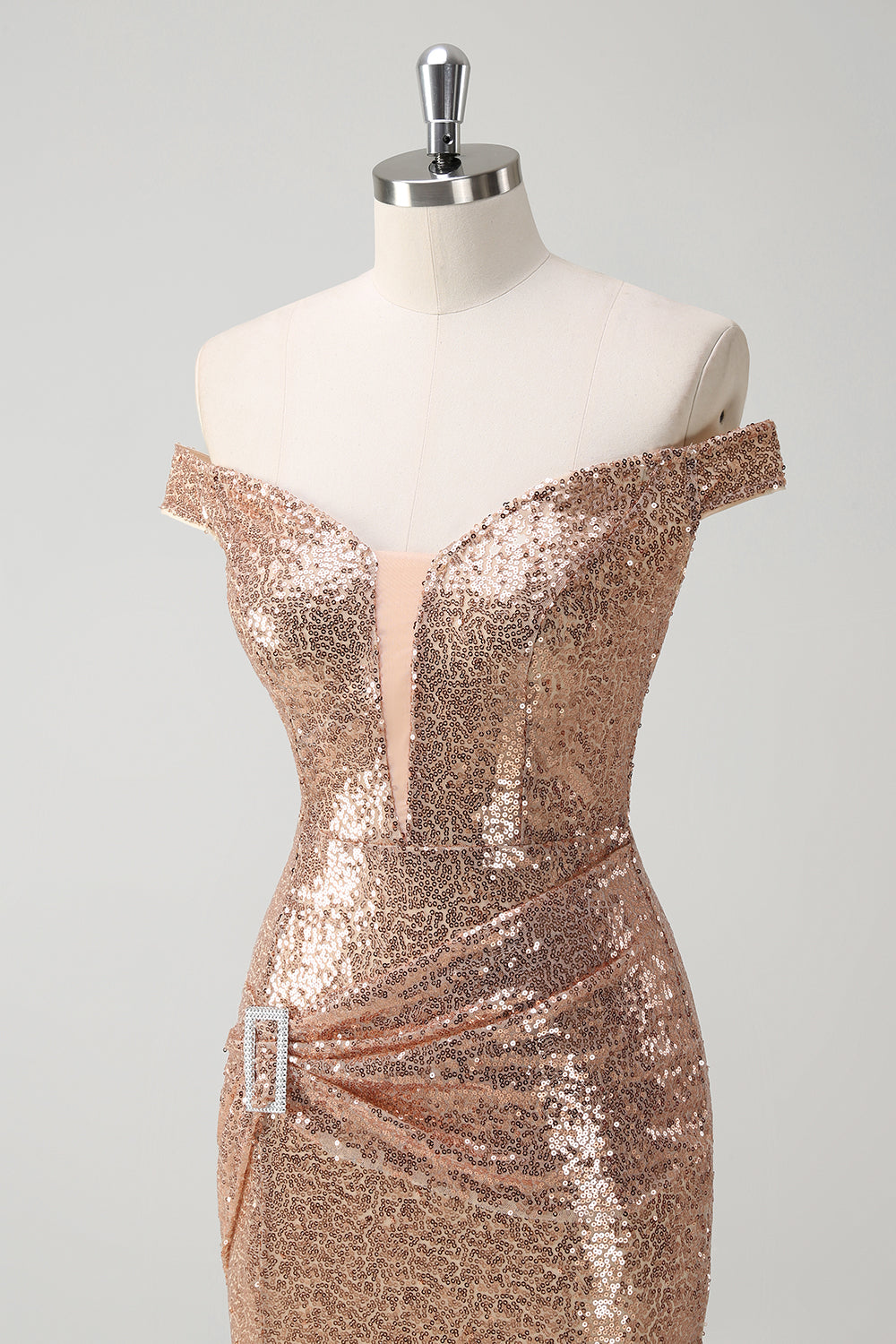 Sparkly Off the Shoulder Champagne Mermaid Prom Dress with Slit