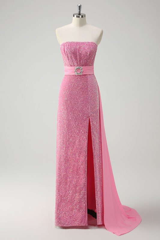 Sparkly Pink Strapless Long Maxi Prom Dress with Slit