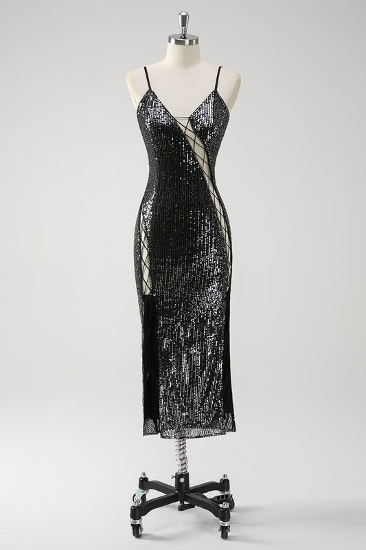 Sparkly Black Hollow Out Spaghetti Straps Prom Dress with Slit