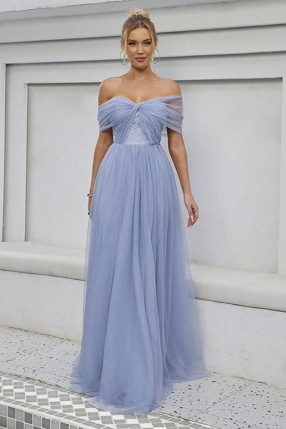 Blue Tulle Off the Shoulder A Line Formal Dress