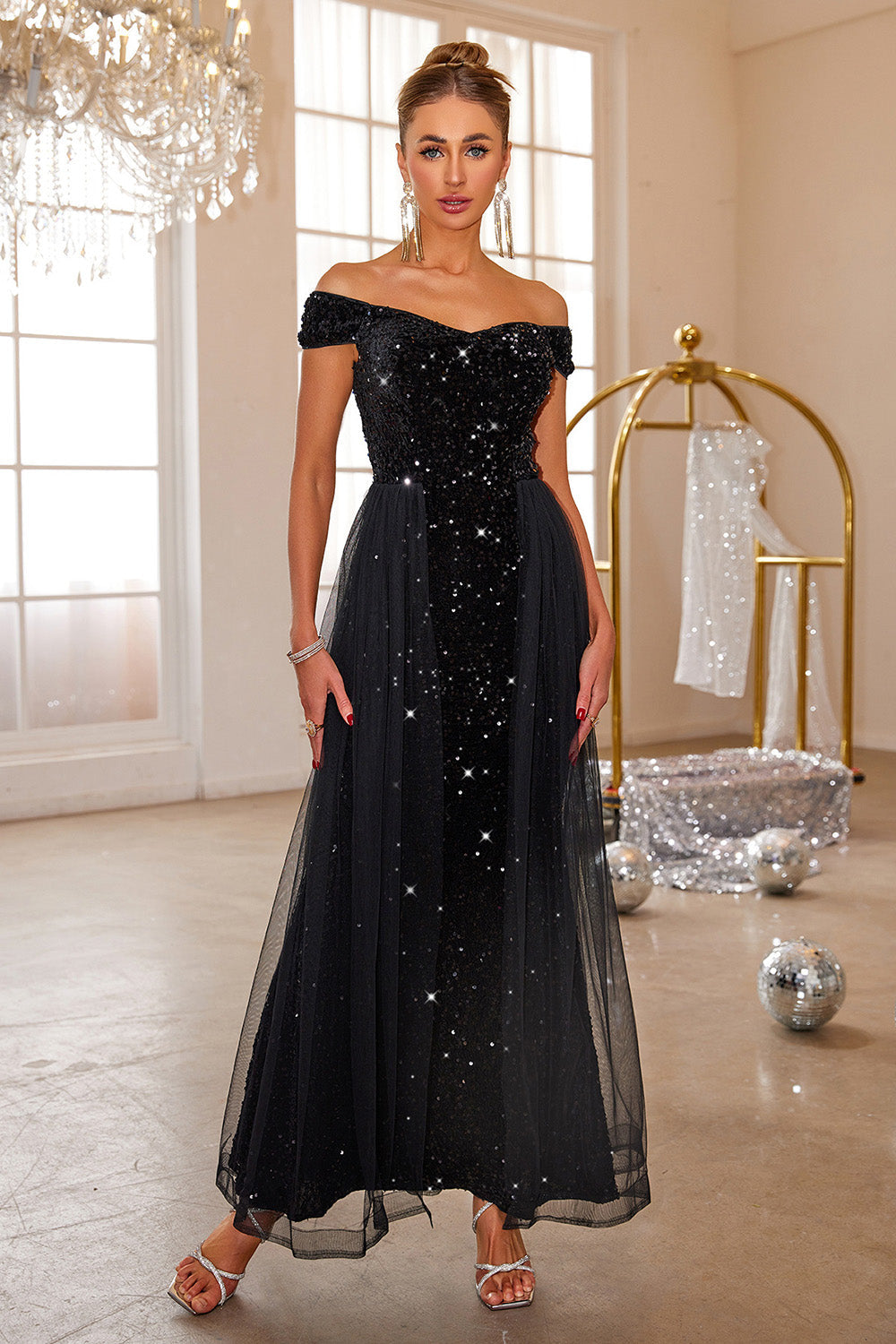 Zapakasa Women Sparkly Black Prom Dress Mermaid Off The Shoulder Sequin