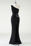 Black Mermaid One Shoulder Sparkly Sequin Ruched Long Prom Dress with Slit