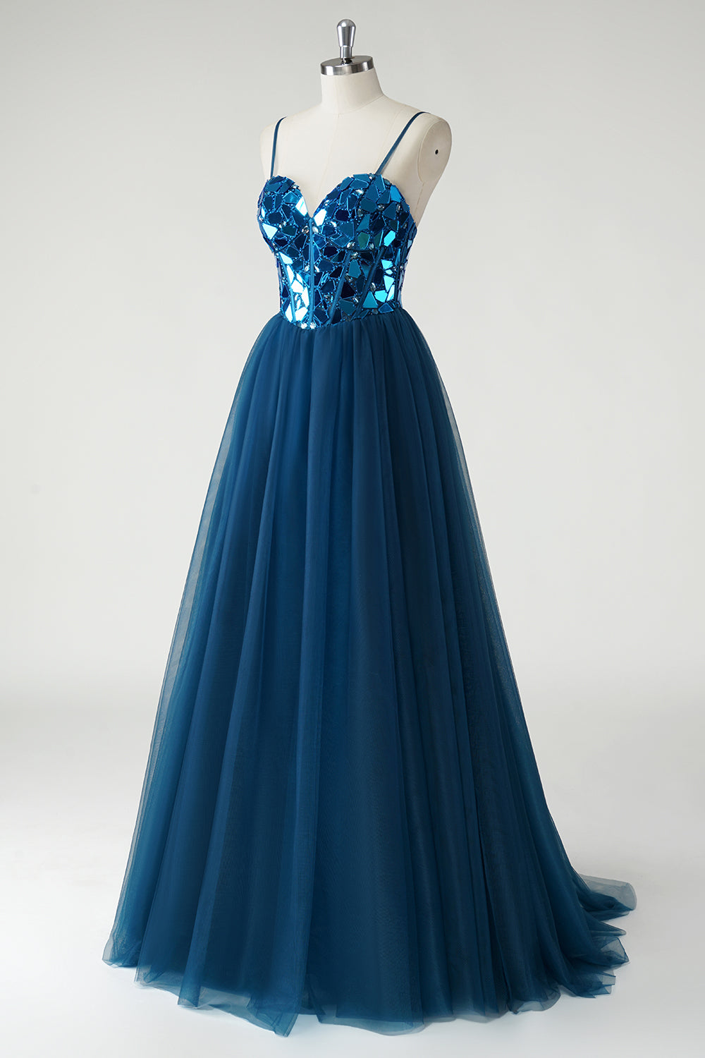 Sparkly Dark Blue A Line Mirror Long Tulle Prom Dress