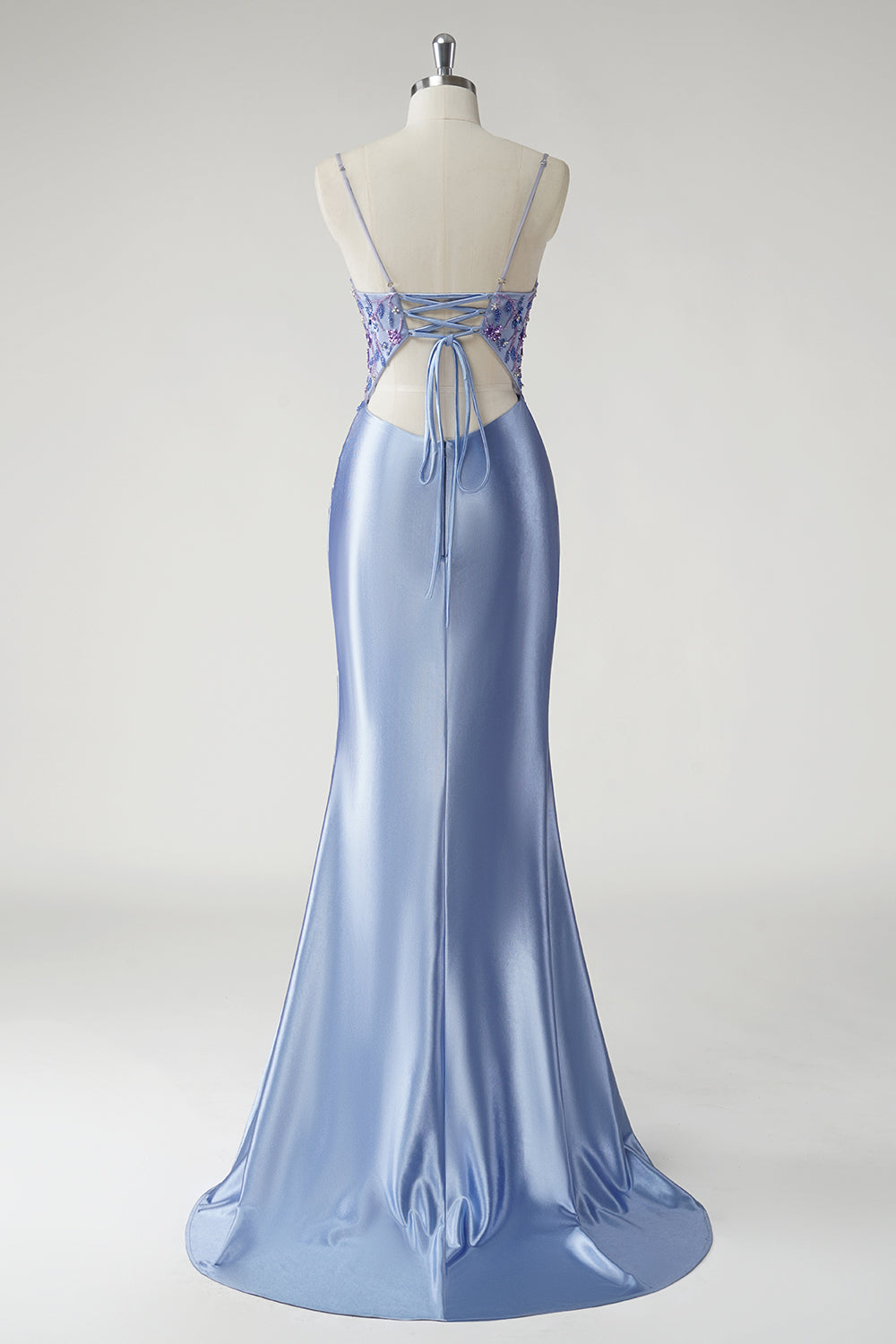 Zapakasa Women Sparkly Mermaid Blue Satin Corset Prom Dress with Slit
