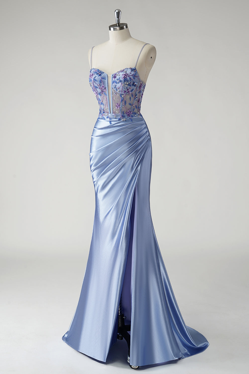 Sparkly Mermaid Blue Satin Corset Prom Dress with Slit