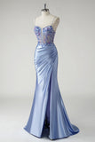 Sparkly Mermaid Blue Satin Corset Prom Dress with Slit