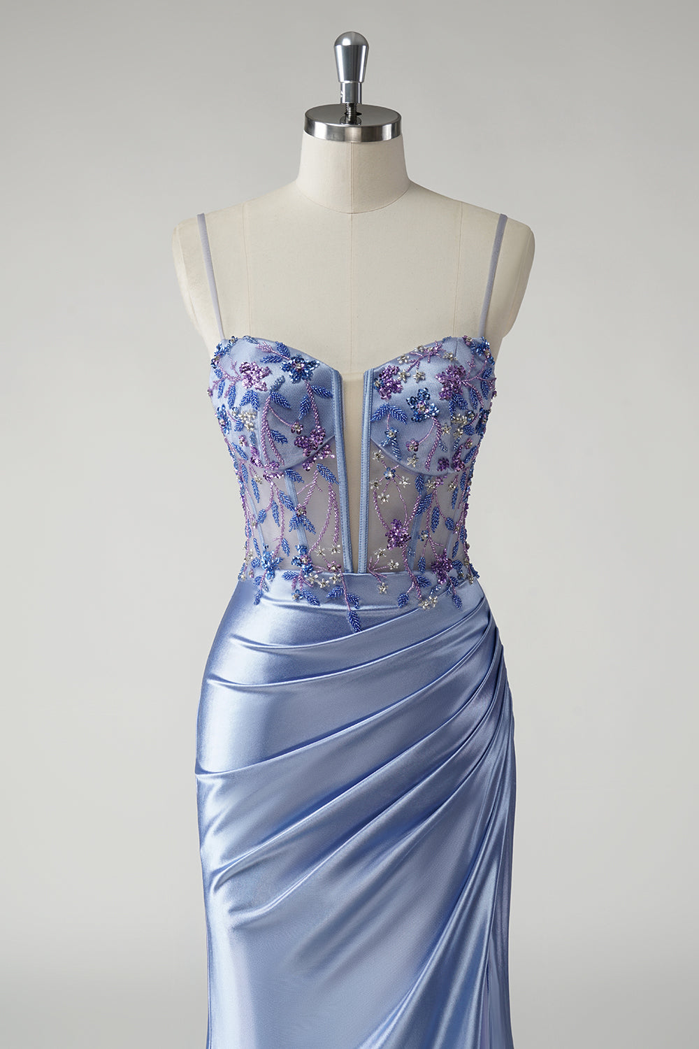 Sparkly Mermaid Blue Satin Corset Prom Dress with Slit