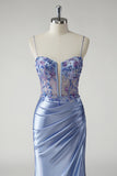Sparkly Mermaid Blue Satin Corset Prom Dress with Slit