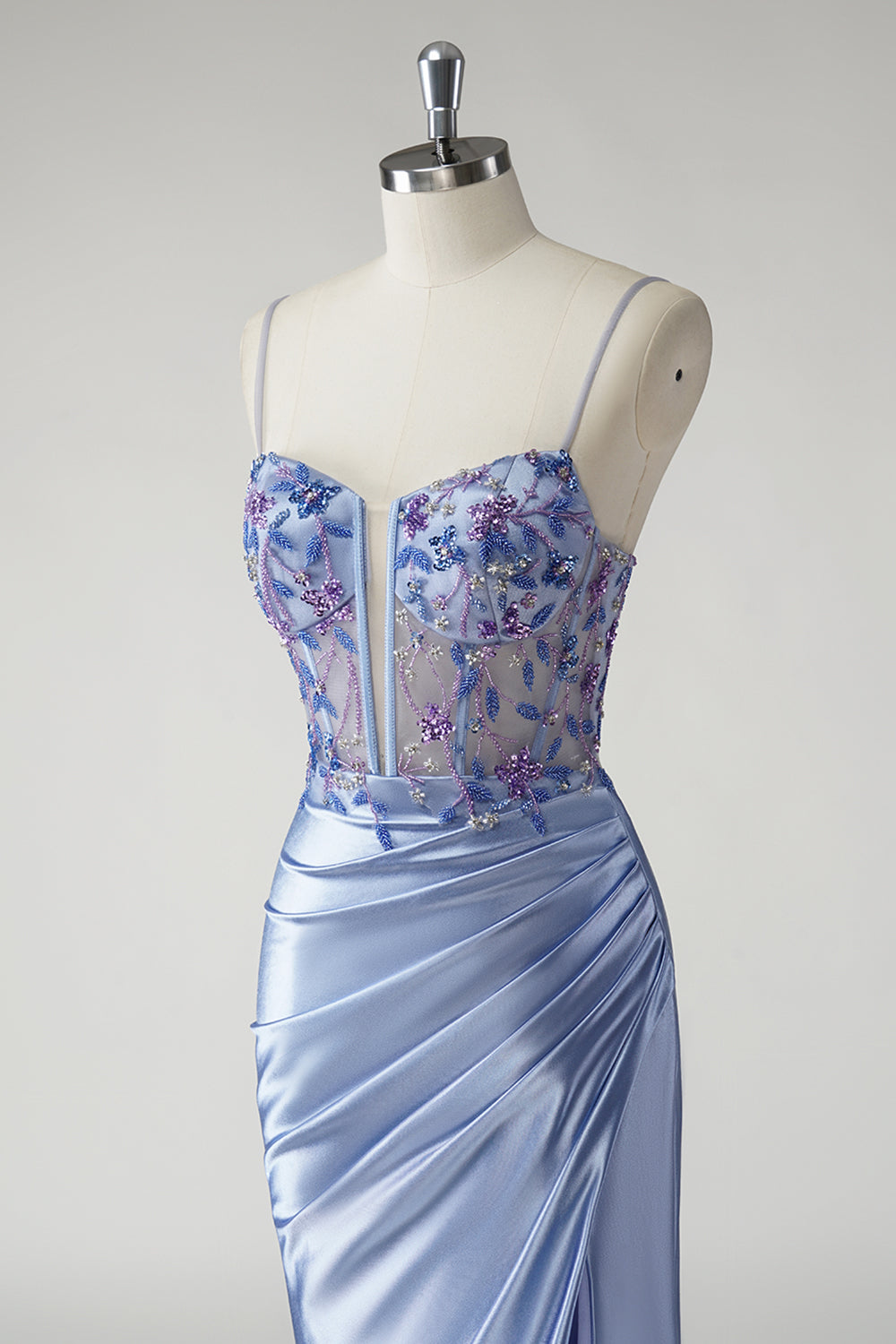 Sparkly Mermaid Blue Satin Corset Prom Dress with Slit
