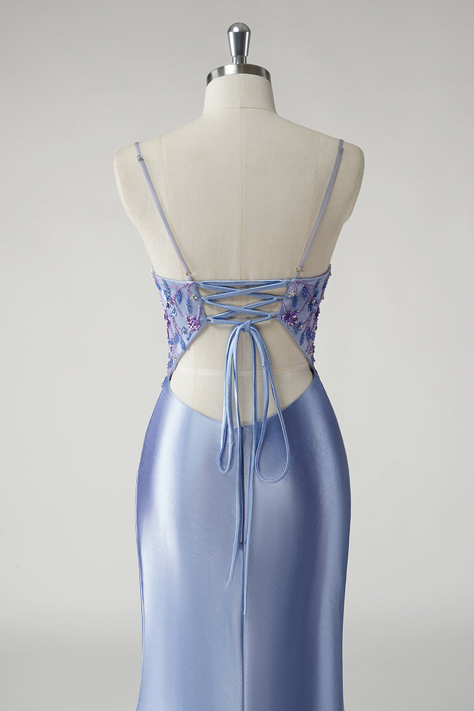Mermaid Strapless Corset Blue Satin Pleats Long Prom Dresses with Slit VK26020906