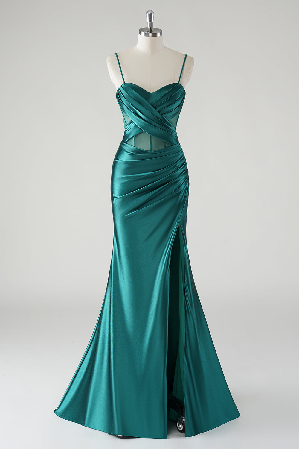 Zapakasa Women Dark Green Mermaid Satin Corset Prom Dress with Slit Ruched Spaghetti Straps Evening Dress Zapakasa Women Dark Green Mermaid Satin Corset Prom Dress with Slit Ruched Spaghetti Straps Evening Dress