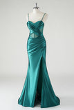 Dark Green Mermaid Satin Corset Prom Dress with Slit