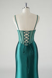 Dark Green Mermaid Satin Corset Prom Dress with Slit