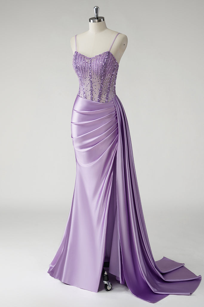 13916 Purple Lace Slit Mermaid Dress