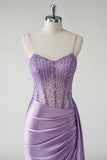 Sparkly Purple Mermaid Satin Corset Side Cape Prom Dress with Slit