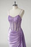 Sparkly Purple Mermaid Satin Corset Side Cape Prom Dress with Slit