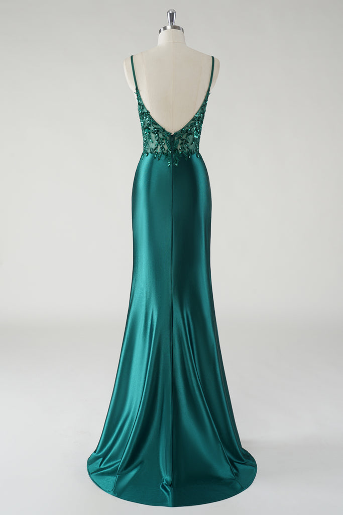 Green Slit Spaghetti Straps Satin Party Prom Dress cc2374 main image 1