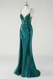 Sparkly Spaghetti Straps Dark Green Floral Satin Prom Dress with Slit